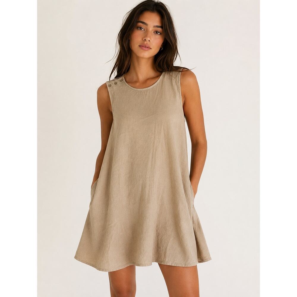 NYDJ Gauze Sleeveless Shift Dress Large Beige Boho Coastal Grandmother NWT